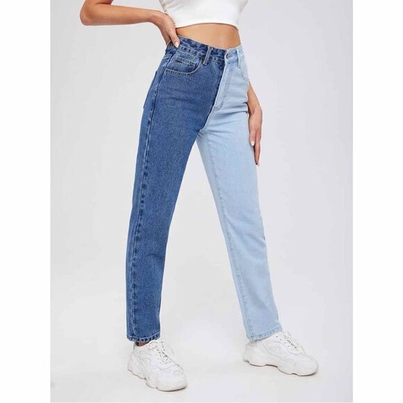 Blue Savvy Two Tone High Rise Mom Jeans Blue Juniors 5 27 Straight Leg Button - Picture 2 of 13